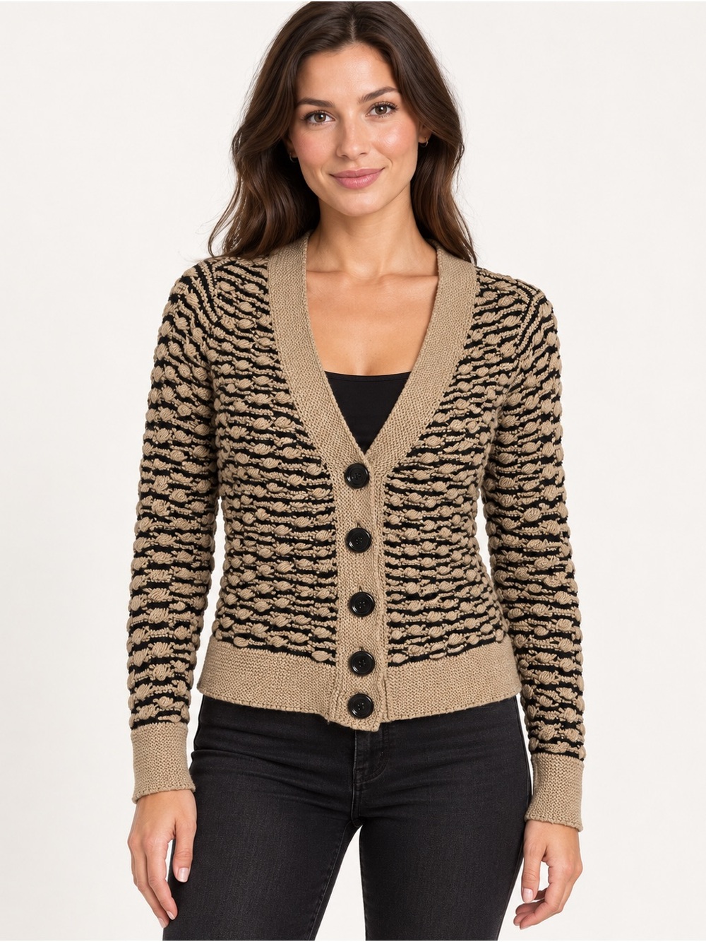 Pieces by Kensie S Tan Black Textured Knit Button Cardigan Boho Coastal